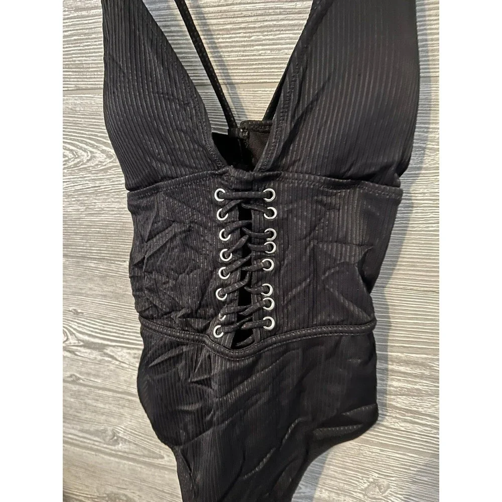 TINIBIKINI Black Ribbed Lace Up Plunge One Piece Swimsuit Women's S‎